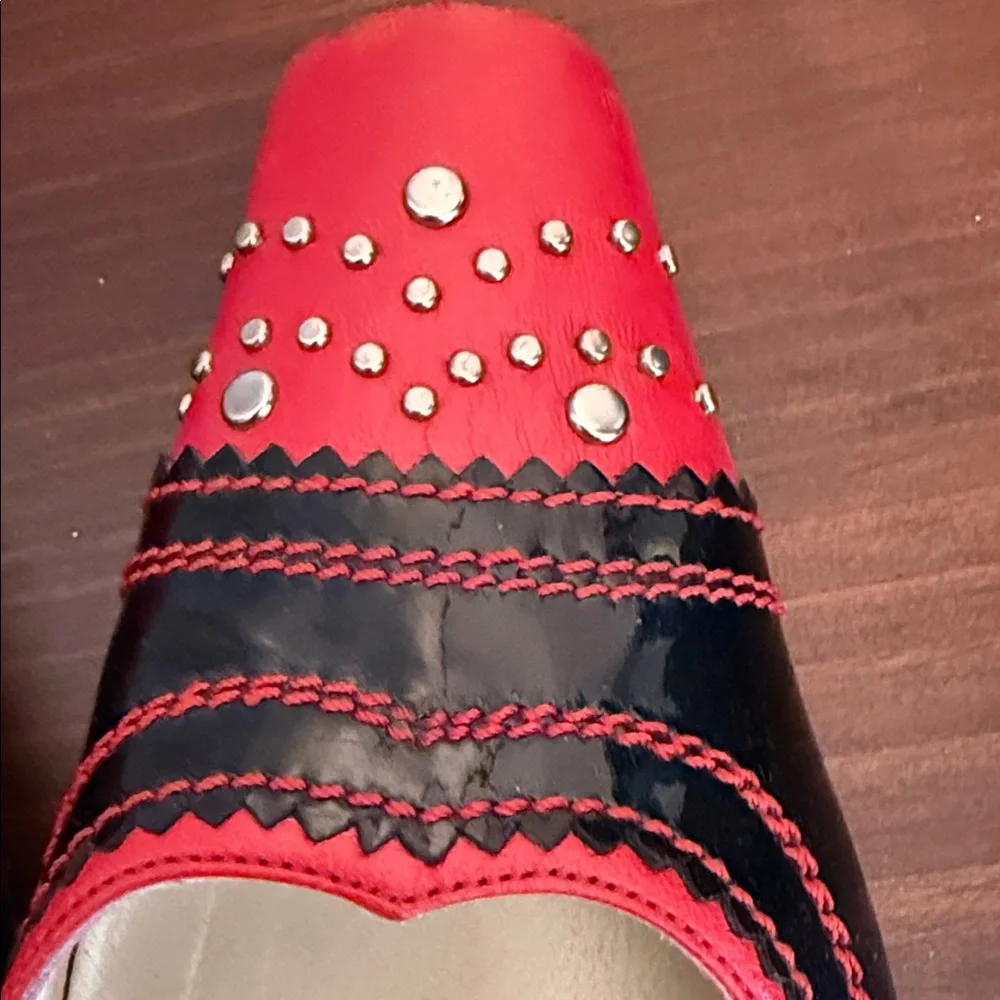 Vintage Red pinup whimsigoth Black Studded Slingback Heels Square Toe Punk 37